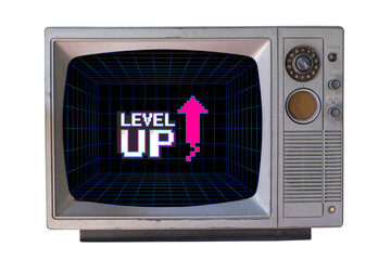 Wall Mural - level up. pixel art .8 bit game. retro futurism sci-fi background. glowing neon grid. on old retro t