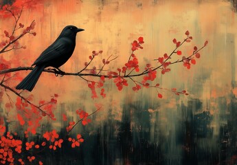 Vintage painting of a bird sitting on a branch.