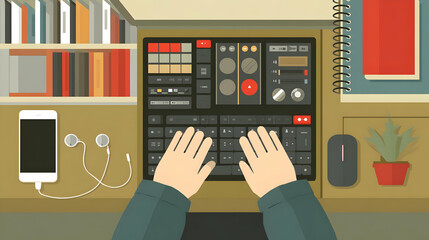 keyboard with surrounding workspace items including notebook and earphones