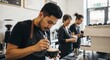 © Meow Creations - Professional male barista expertly crafting intricate latte art in a modern coffee shop