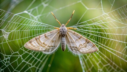 A Delicate Moth Entangled in a Dew-Kissed Spiderweb, a Close-Up View Revealing Intricate Details of Both Insect and Web