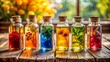 © Nasima Begum - Colorful tinctures in glass bottles on wooden table present natural extracts with vibrant hues, perfect for apothecary, wellness, and alternative medicine concepts with a rustic charm