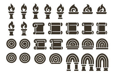 Wall Mural - a set of intricate icons including flame torches, scrolls, spirals, and rainbow arches, with minimal