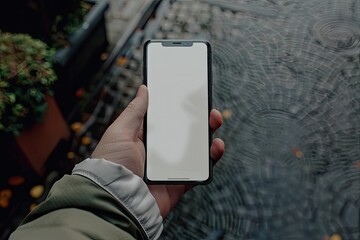High Detail Image of Close Up of a Mans Hand Showing Cellphone with Blank White Screen