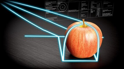 Wall Mural - futuristic red apple with light beam effect on a dark background for modern digital design concepts