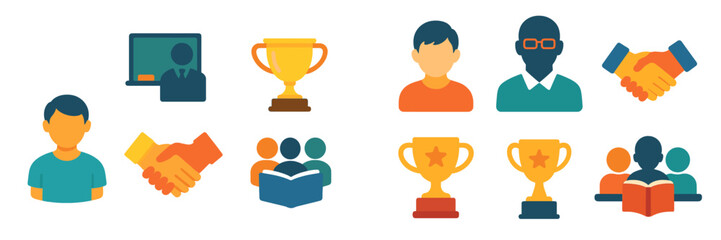 Icons representing teamwork, achievement, and collaboration in a professional setting