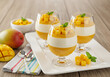 © Hesty - Three mango panna cotta desserts in glasses on a white plate with fresh mangoes and mint, set on a wooden table