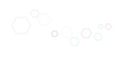 Wall Mural - Minimal pastel hexagon pattern on a white background. Soft geometric shapes in pink, blue, yellow, and purple create a modern, abstract design ideal for tech, science, or creative backgrounds.