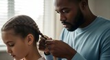 Father braiding daughter's hair in a bright room near the window light