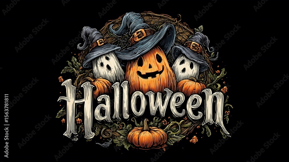 Halloween pumpkin wearing witch hat surrounded by ghosts and pumpkins ...