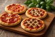 © NeoDesign Hub - Four delicious mini pizzas featuring pepperoni and sausage toppings on a wooden board