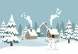 © Agung - Cozy winter village scene with snowman and snowy pine trees illustration