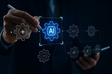 businessperson configuring ai system workflow: digital gears, coding, and data processing.