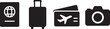 © Lamia - Flat vector symbols of holiday travel essentials including passport, suitcase, airplane ticket, and camera.