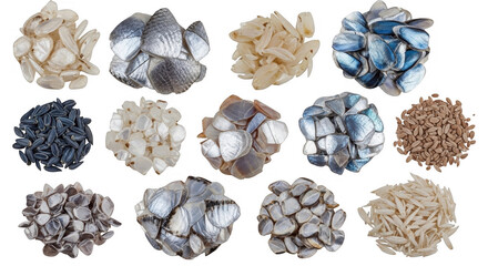 variety of seeds displayed in clusters on a white background for culinary use, isolated on a transpa