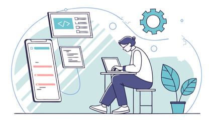 Software Developer Coding on Laptop: Vector Illustration