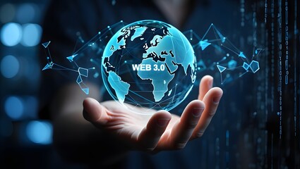 Web 3.0 concept image with businessman hand show web 3.0 with globe. Technology global network, Blockchain Future Technology, Global Futuristic, website internet development, global business.
