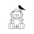 © Avijit - Cartoon lion scarecrow with a crow pumpkins autumn themed handdrawn bird