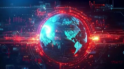 Wall Mural - digital globe encased in a glowing red ring amidst a backdrop of circuitlike structures and vibrant 