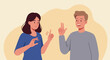 © Kecebong Anyut - A young man and woman are communicating using sign language, conveying a message of understanding and connection through hand gestures in a simple, minimalist illustration style.