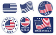 © Khulqi Design - Made in USA label collection. Set of flat isolated stamp made in USA.