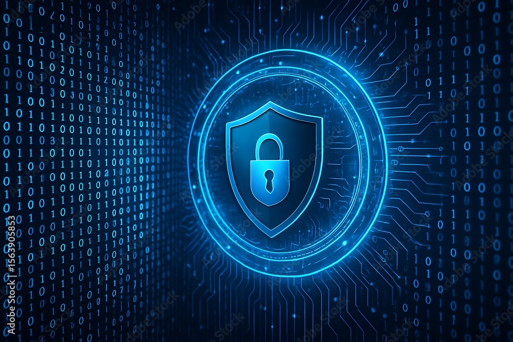 Digital shield and padlock symbol over binary code and circuit board ...