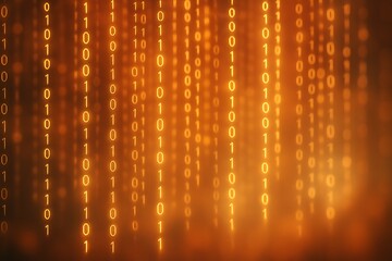 glowing orange binary code streams cascade down a dark abstract background