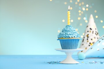 Wall Mural - burning candle in cupcake, sprinkles and party hats on light blue table against turquoise background