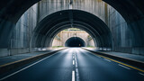 A road tunnel with concrete arches, a smooth asphalt road, and a distant light at the end, leading to the other side.