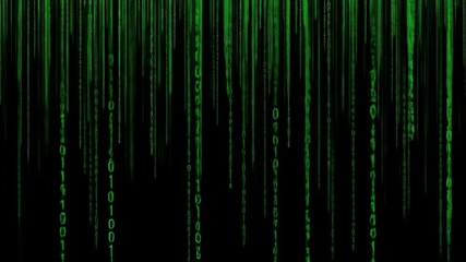 Binary code, computer code, green zeros and ones on black background for technology or coding concept.