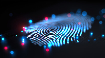 Wall Mural - a glowing blue digital fingerprint on a dark background represents biometric security, data protecti