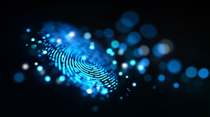 Wall Mural - a glowing blue digital fingerprint on a dark background represents biometric security, data protecti