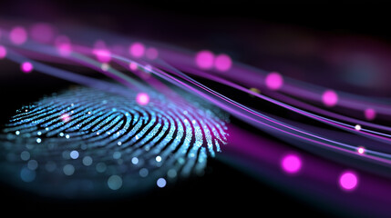 Wall Mural - a glowing blue digital fingerprint on a dark background represents biometric security, data protecti