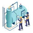 © M S R Salafi - Industrial factory boiler maintenance with engineer and technician on duty. Isometric vector depicting inspection, safety, and machine servicing.