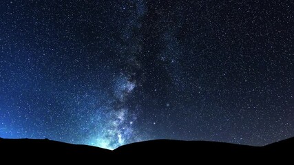 Wall Mural - Night sky time lapse with bright Milky Way galaxy on the sky. Starry night, astronomical background.