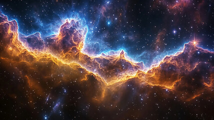 Wall Mural - Spectacular celestial scene featuring a vibrant nebula shimmering with bright blues and oranges against a dark cosmic backdrop filled with stars