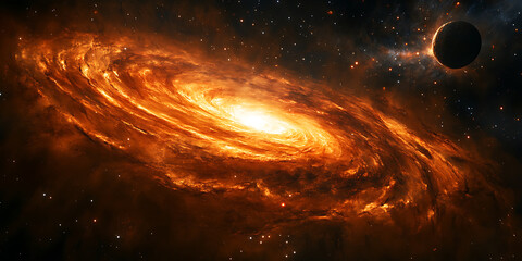 Wall Mural - Spectacular cosmic spiral galaxy with fiery hues and distant planet amidst a starry field radiating outer space theme