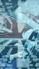 Wall Mural - Animation of multiple information display screens with man in vr headset using self driving car