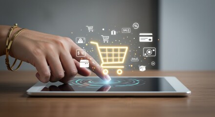Customer interacts with digital shopping interface on a tablet device