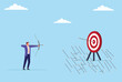 © Sohag sarkar - Vector illustration of a businessman shooting multiple arrows at a target, symbolizing persistence, strategic effort, and determination to achieve business goals with focus and accuracy