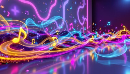 Wall Mural - colorful abstract waves of sound and music notes flowing in a vibrant neon atmosphere