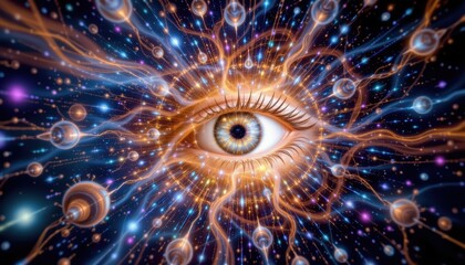 Wall Mural - Abstract Representation of an Eye Surrounded by Vibrant Energy and Cosmic Particles in Motion