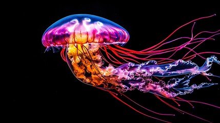 Wall Mural -   Close-up of black background with red and yellow jellyfish in foreground