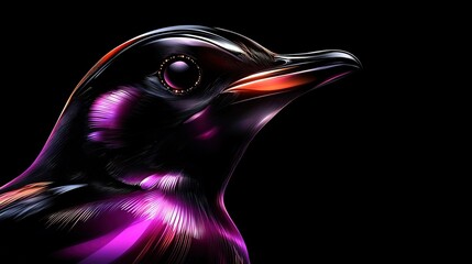 Wall Mural -   Close-up of a blackbird with a purple-red stripe on its head against a dark background