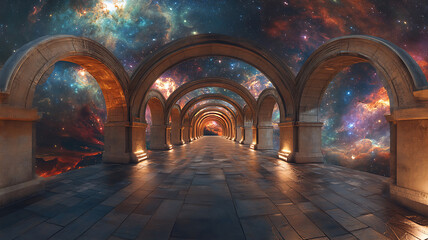 Wall Mural - Stone archway corridor leading to galaxy view digital artwork stunning visuals scifi aesthetic imagination dreamlike ambience