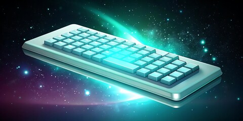 A sleek blue keyboard glows mysteriously against a cosmic backdrop of stars.