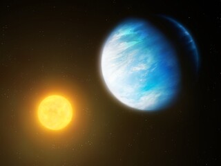Wall Mural - planet near the star. exoplanet in the light of the sun. earth-like world against a background of st