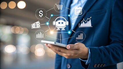 Photo of a businessman holds a smartphone displaying a friendly robot icon surrounded by various businessrelated icons, symbolizing ai and automation in business