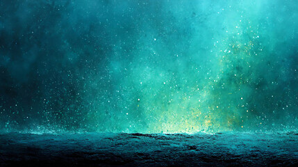 Wall Mural - Surreal ocean landscape with abstract teal watercolor texture and luminous light streaks with sparkling particle effects for fantasy backdrop or artistic design element
