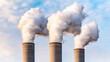 © PixelPulse - Industrial Air Pollution Three Smokestacks Belching White Smoke into a Blue Sky